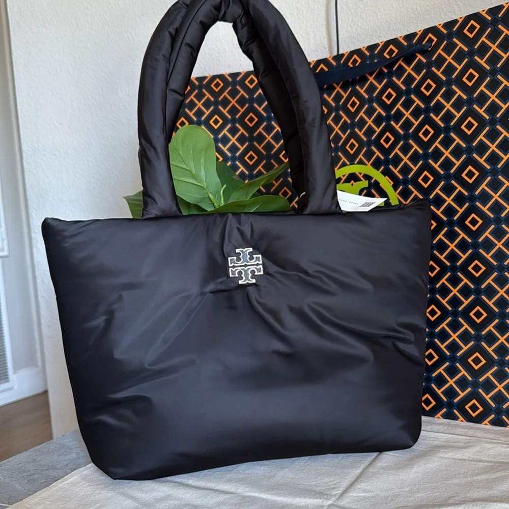 NWT Tory Burch 167626 Britten Nylon Puffy Tote Black Silver Logo Bag - Picture 4 of 12